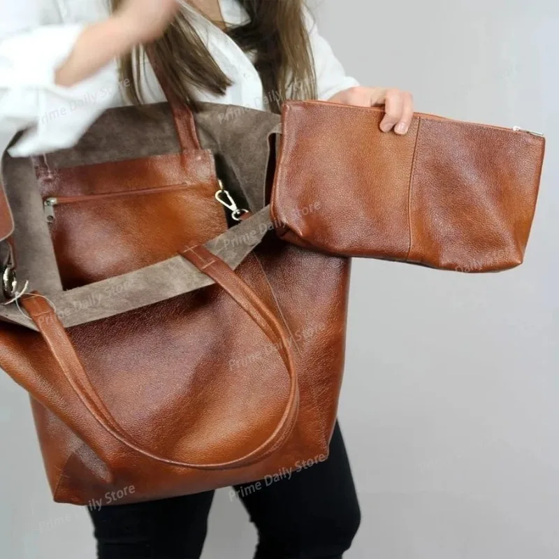 Vintage Soft PU Leather Women Tote Bag, Large‑Capacity Casual Shoulder Shopper Purse, Fashion Luxury Daily Handbag for Ladies