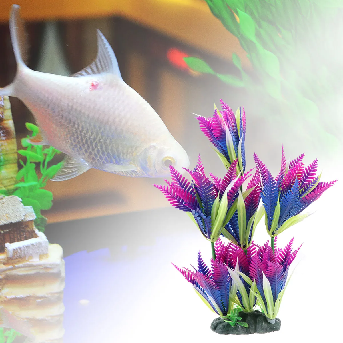 

Lifelike Plants Fish Tank Ornament Plastic Coconut Palm Purple Blue Color Salt Fresh Water Compatible Non-Toxic Steady Base