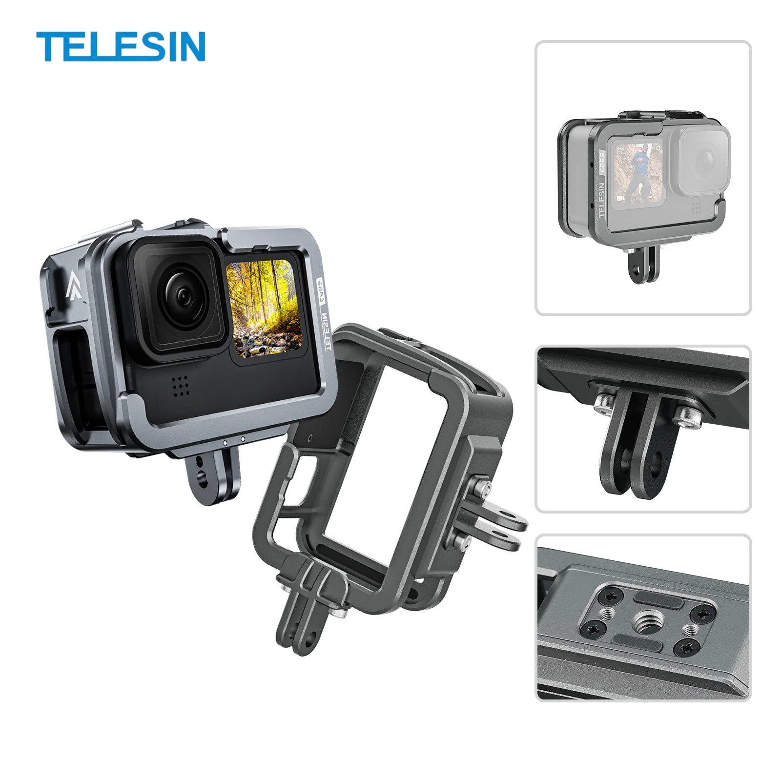 

TELESIN Metal Horizontal/Vertical Combo Cage for Gopro Hero 12 11 10 9 Double Cold Shoe Frame Action Camera Gopro Accessories