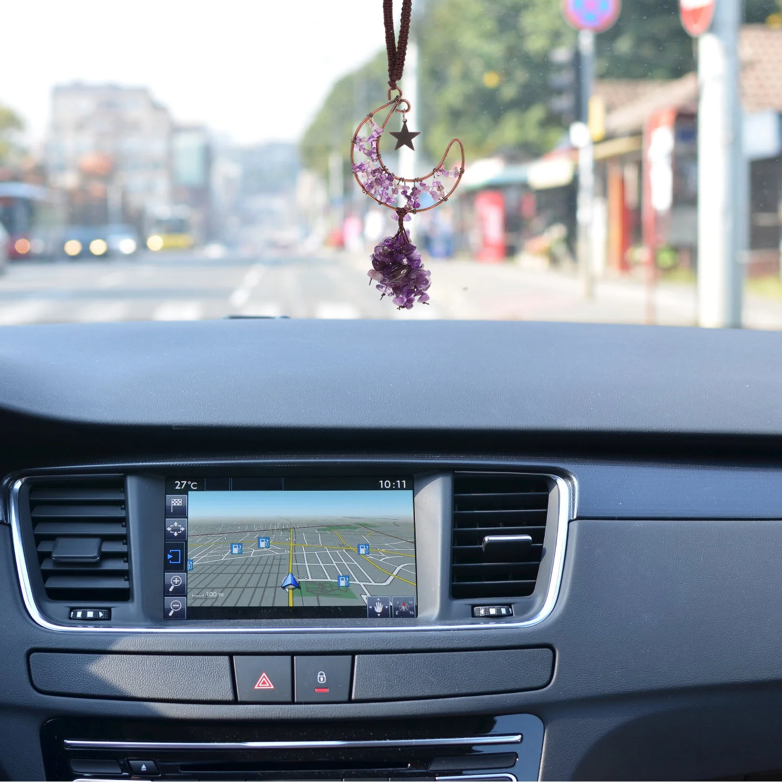 

Purple Crystal Hanging Ornament Moon Crystal Car Rearview Mirror Decor Women Rear View Mirror Hanging Ornament