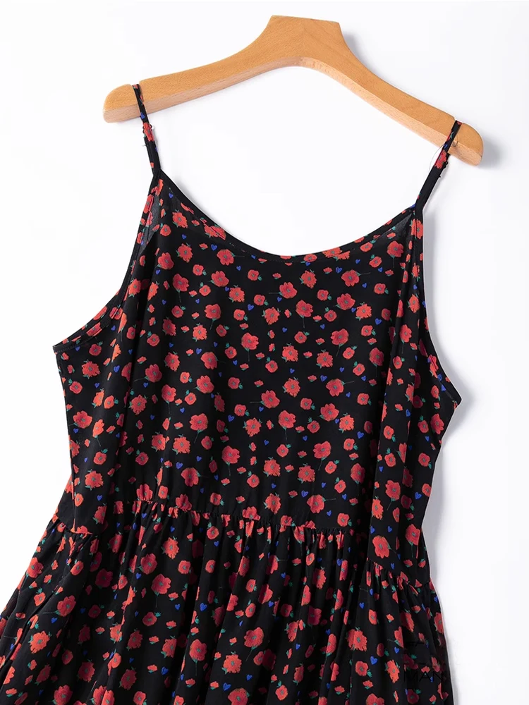SuyaDream, vestido largo de mujer, tirantes finos 100% de seda auténtica, corte en A, vestidos con estampado floral, ropa de primavera verano 2025, negro