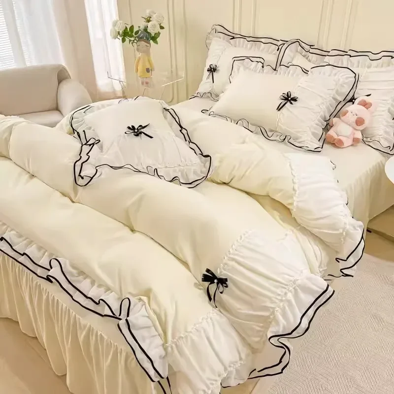 

Kawaii Seersucker Bedding Set For Girls Princess Bow Ruffle Lace Bed Skirt Skin-Friendly Solid Color Duvet Cover Sets Queen King