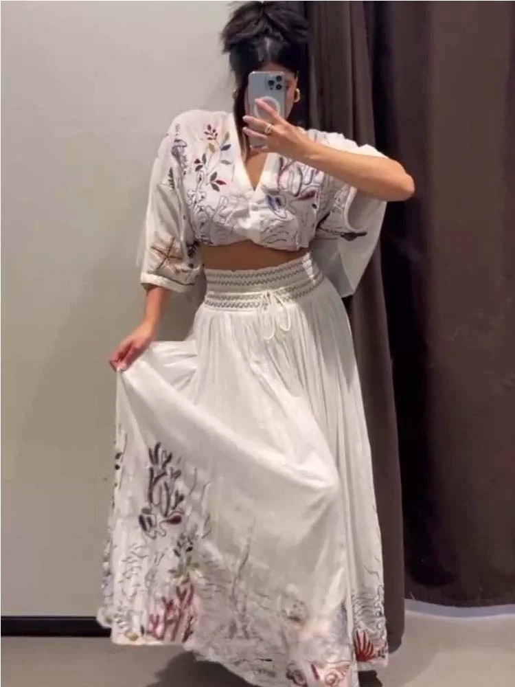 Women Fashion New 2Pcs Casual Cotton Embroidered Loose Top+Cotton Embroidered Midi Skirt 2023 Sexy Tops Two Piece Set Dress