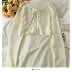 Sweet Ruffle Lace Up Cardigan Women Summer Long Sleeve Sunscreen Jacket Woman Candy-color Chiffon Crop Tops