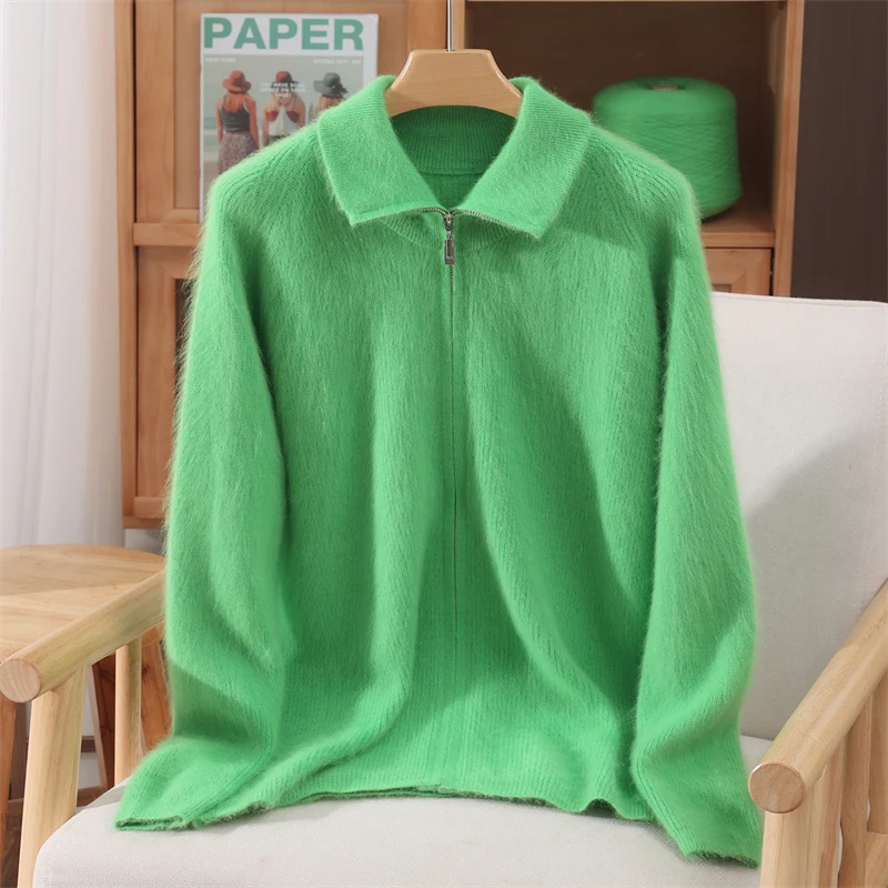 女性ミンクカシミヤセーターターンダウン襟ジッパーカーディガン秋冬ソフト暖かい服 100% ミンクカシミヤニットトップス