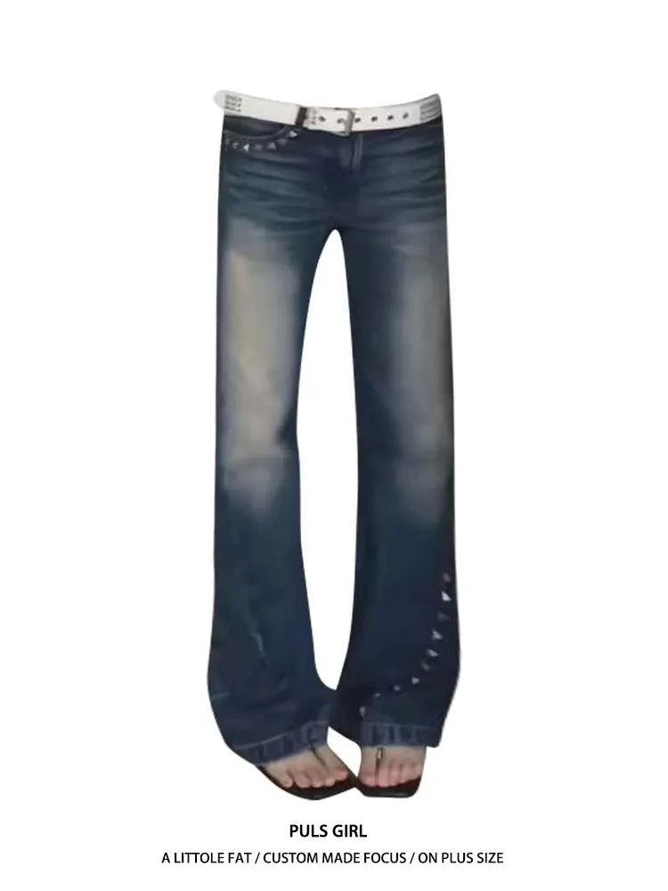 

Retro American Large Size Jeans Women's High Waist Distressed Washed Rivet Decorated Micro Flared Slim Fit Long Pants