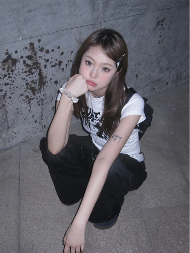 المرأة الصيف موضة القوطية الشرير تي شيرت سليم خمر طباعة الشارع الشهير بلايز Y2k الجمالية تي شيرت على طراز هاراجوكو اليابانية الكورية #5