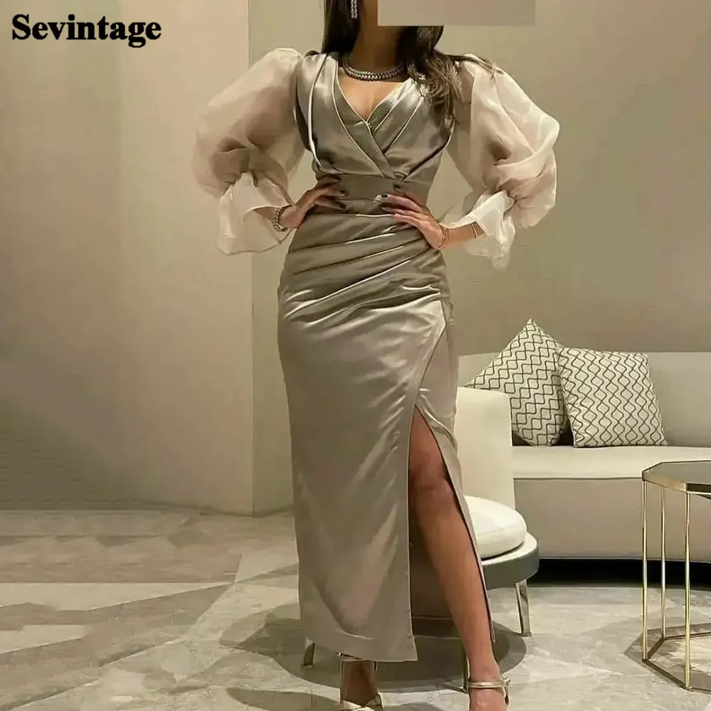 

Sevintage Mermaid Saudi Arabic Evening Dresses Satin Puffy Long Sleeves Ankle-Length Midi Women Prom Gowns Formal Party Dress