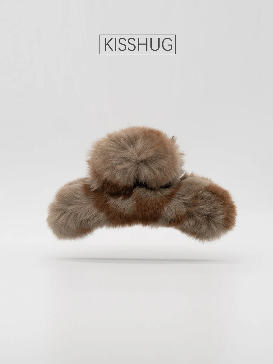 Presilha de Cabelo Feminina de Pelo de Coelho Tamanho Médio Outono Inverno, Acessório de Cabelo Vintage para Coque, Presilha Macia de Pelúcia