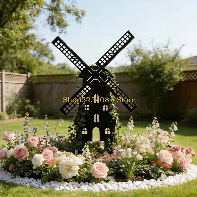 AXYC Balcony Pot Display Metal Garden Stake Plaque, Black Mill House Shape Yard Accent with Two Prongs for Flower Section Edges