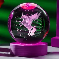1 Unicorn 3D laser carved crystal ball with wooden colored LED lamp holder, home decoration, girlfriend, colleague, wife birthda