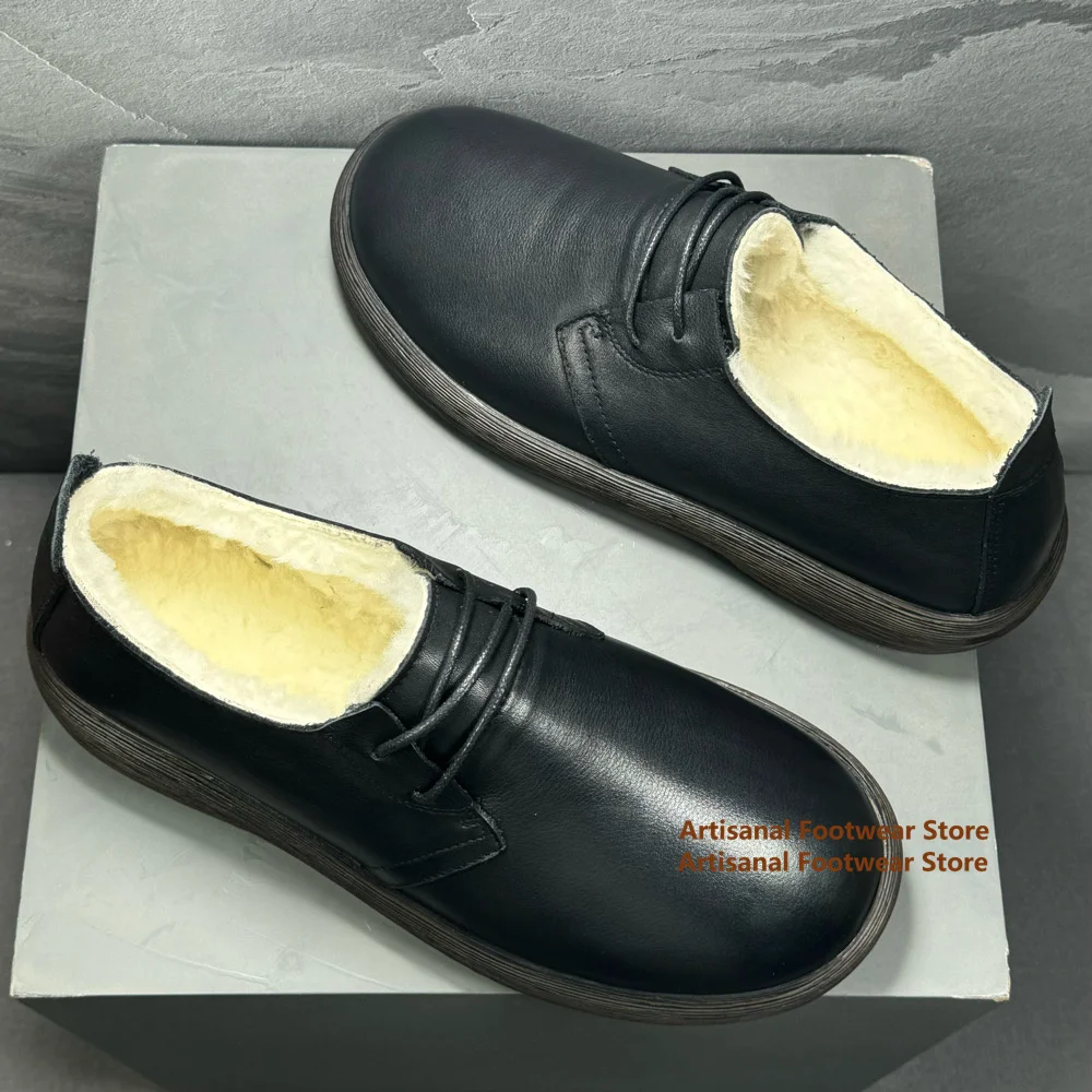 Cowhide Winter Snow Boots Men's Fur Integrated Warm Cotton Shoes Thick Soled Low Top Lace Up Anti Slip Winter Men's Shoes