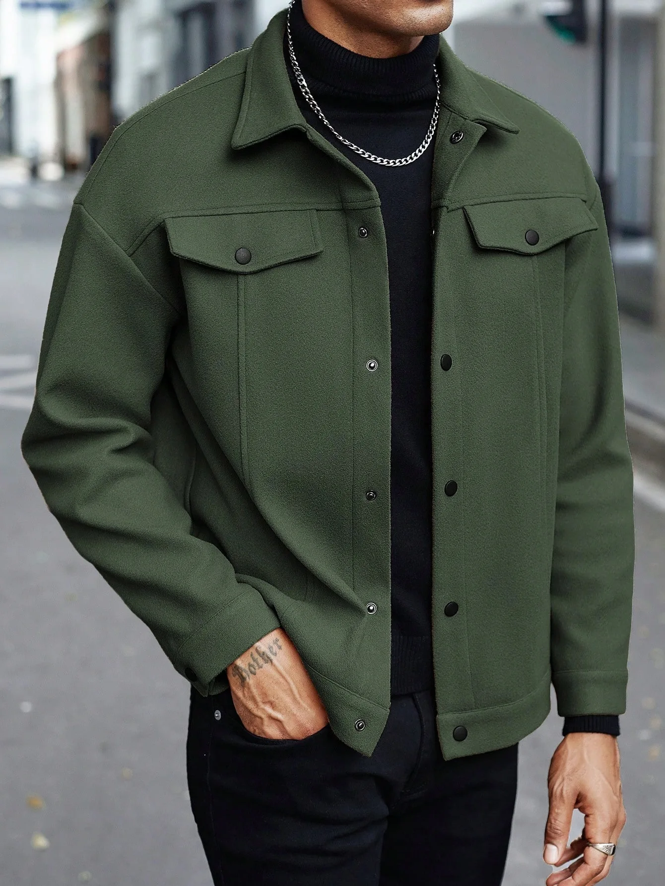 Men Wool Blend Lapel Work Jacket Faux Double Chest Pockets Button Loose Casual Street Coat Spring Autumn Winter Daily Outerwear view 6