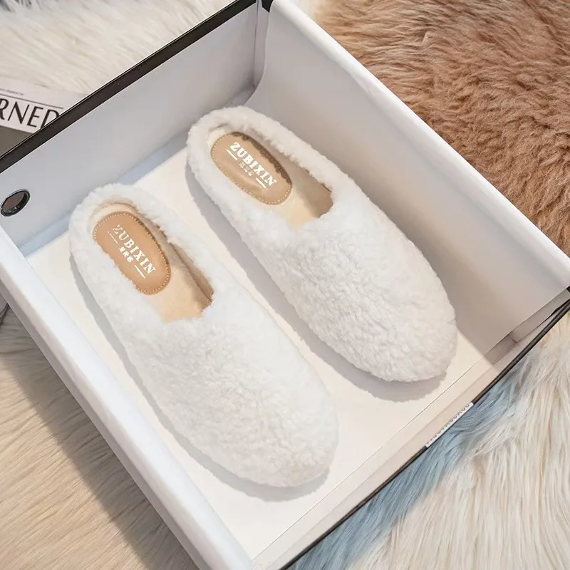 

Size 33-43 Women Lambswool Slippers Embroider Shoes Winter White Fur Slides Pantufla Loafers Femme Plush Cotton Woolen Mules