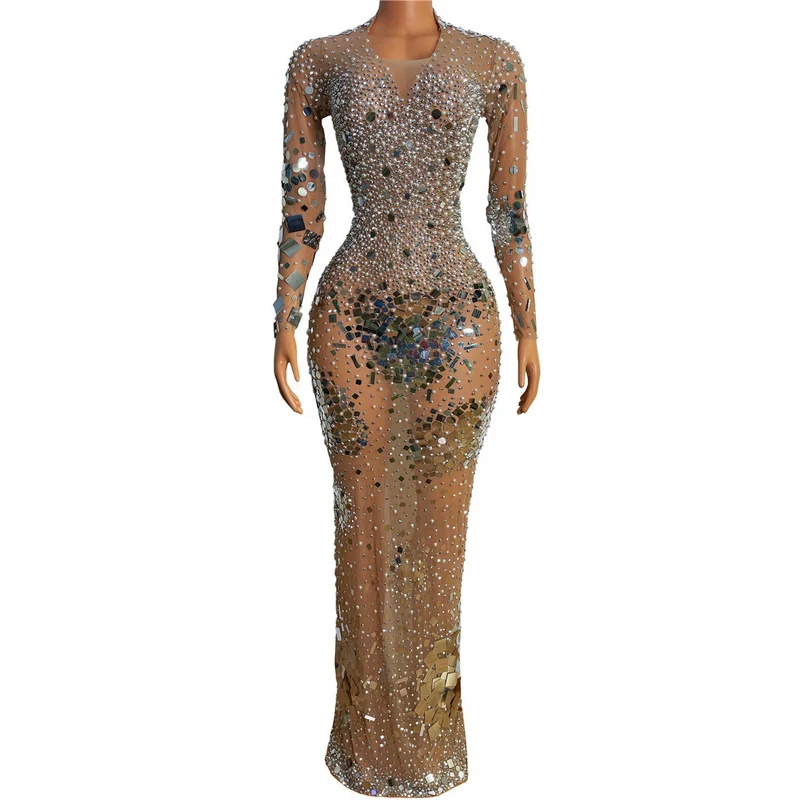 

Shiny luxury Rhinestone Mirror Sequins Long Dress Skinny See-through Dress Women Party Red Carpet Dress Nightclub Singer Show
