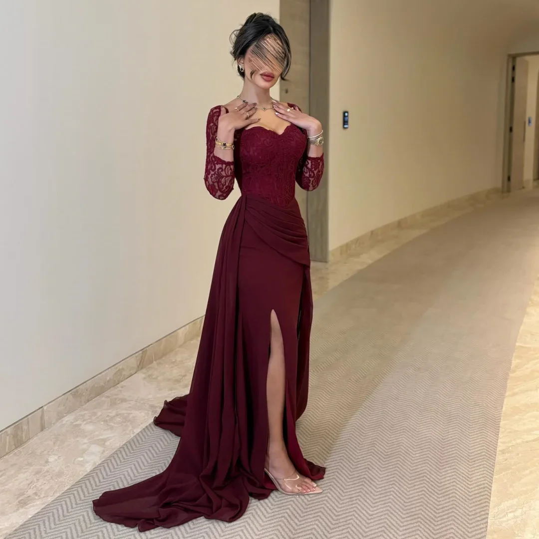 

A Line Lace Long Sleeves Evening Dresses Side Split Wedding Party Dress Customized Arabic Prom Gown Graduation Vestidos