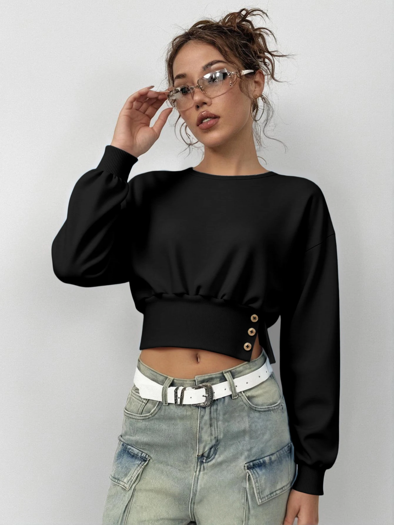 

Сексуальный укороченный свитшот для женщин с круглым вырезом, пышными рукавами и пуговичным разрезом, теплый топ для осени и зимы