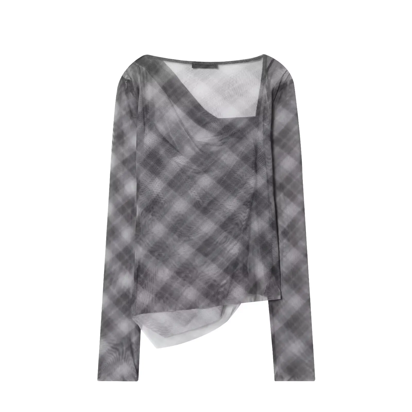 

2025 Autumn New Women's Fashion Women's T-shirt Checkered Silk Mesh Long Sleeve T-shirt Checkered Silk Mesh T-shirt