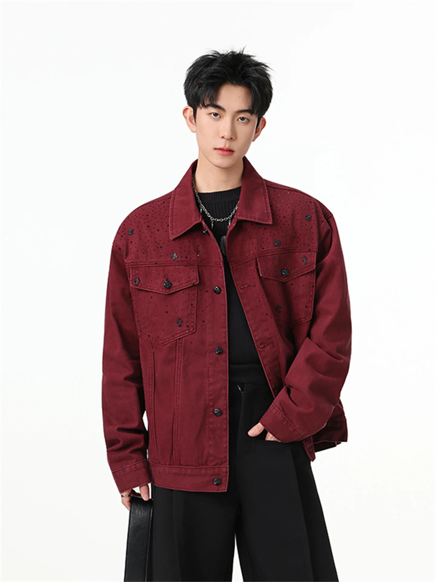 

Retro American Heavyweight Rhinestone Denim Jaet for Men New 2026 Trendy Street Sle Casual Workwear Long Sve Coat
