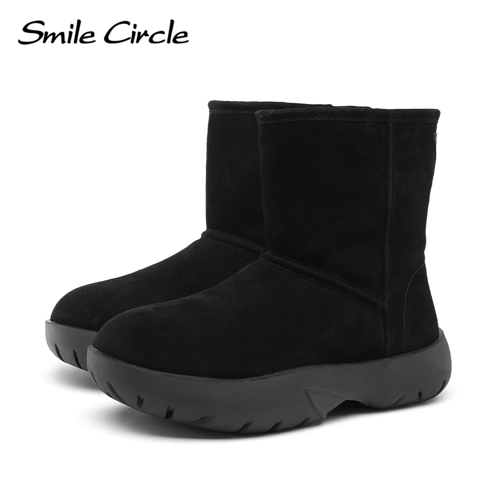 Smile Circle Chunky Snow Boots Women Suede Leather Round toe Warm Short Boots Luxury Brand Design Women Boots