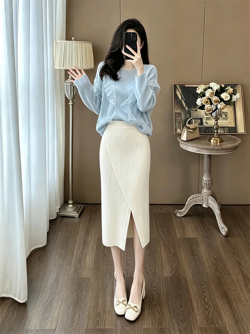 2026 Autumn Skirt Set Round Neck Mesh Wooden Ear Long Sleeve Knitted Top+High Waist Irregular Knitted Half Skirt Two Piece Set