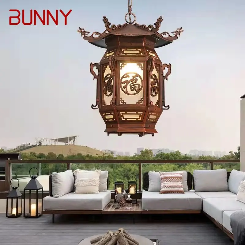 BUNNY Chinese Lantern Pendant Lamps Outdoor Waterproof LED Brown Retro Chandelier for Home Hotel Corridor Decor Electricity