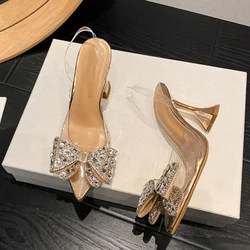 Liyke PVC Transparent Women Pumps Sexy Crystal Bowknot Pointed Toe  Slingback High Heels Mules Sandal Female Wedding Prom Shoes