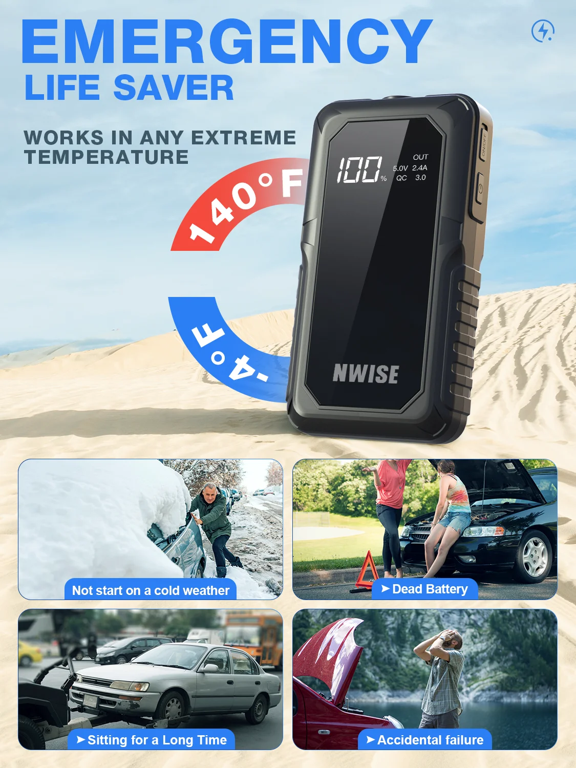 NWISE-arrancador de batería de coche 2000A, dispositivo de arranque portátil de emergencia, potenciador de cargador de batería de coche, dispositivo de arranque de 12V