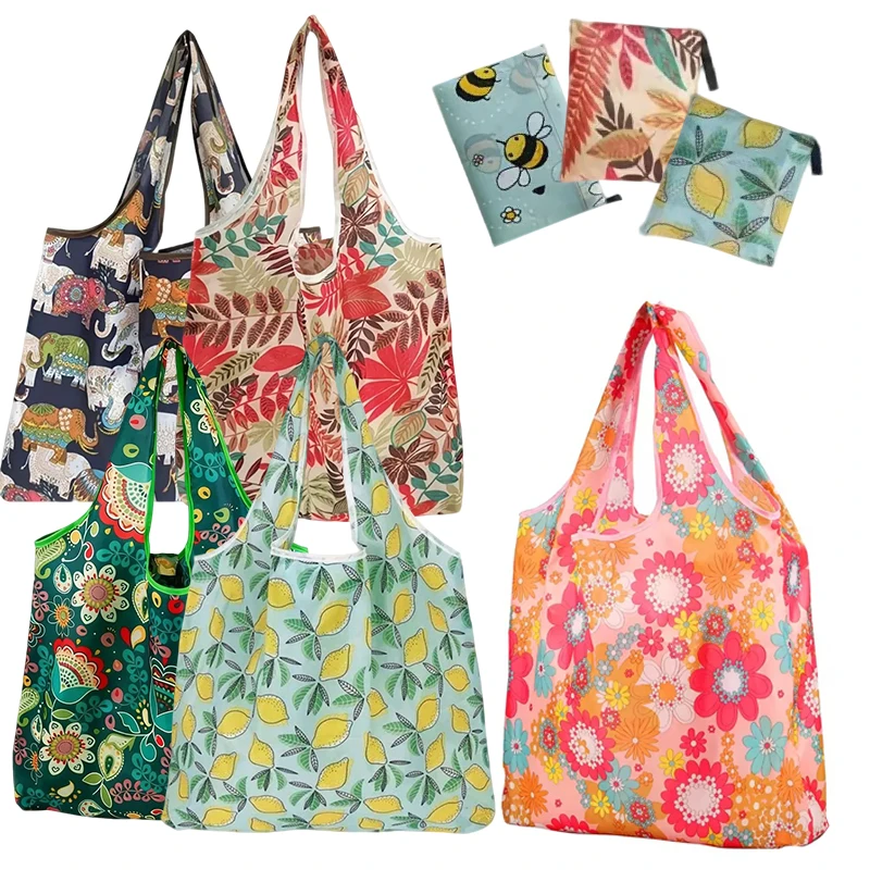 5PCS Reusable Shopping Bag Portable Foldable Grocery Tote with Assorted Patterns Durable Cloth Storage Bag Home Organization ZYF