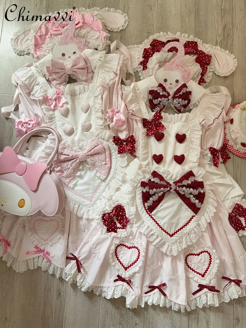 

Cute Maid Lolita Dress Spring and Summer New Sweet Girl Short Sleeve Bow High Waist Elegant Princess Dresses for Women