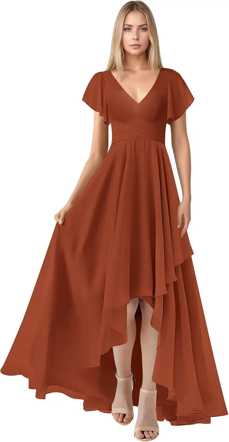 

A Line Sejnau Chiffon Bridesmaid Dresses for Women Ruffle Sleeve Wedding Guest Dress V Neck Evening Formal Party Gown