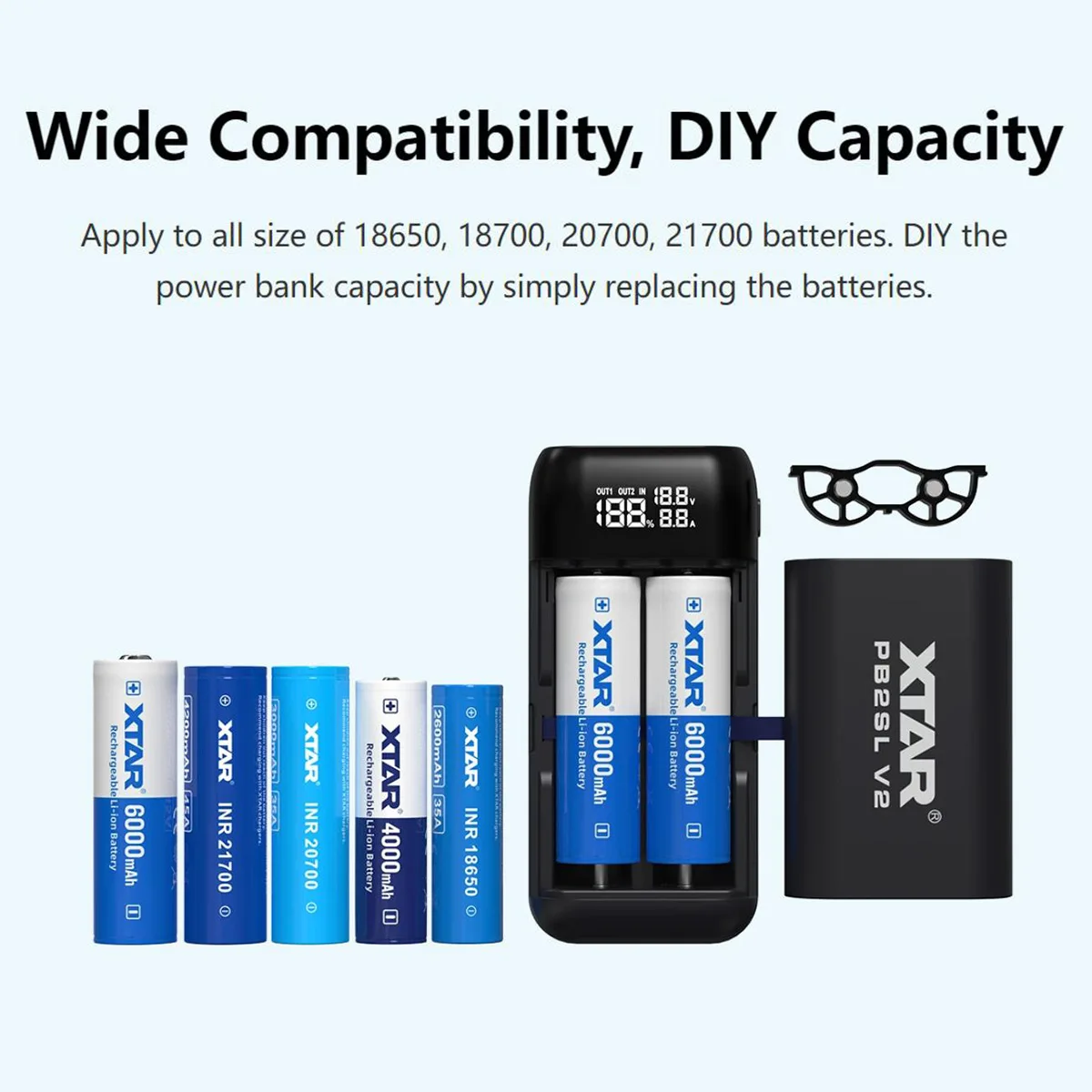 XTAR PB2SL 18650 Battery Charger QC3.0 Smart Charge Type C USB DIY Power Bank 18700 20700 21700 Rechargeable Portable Charger