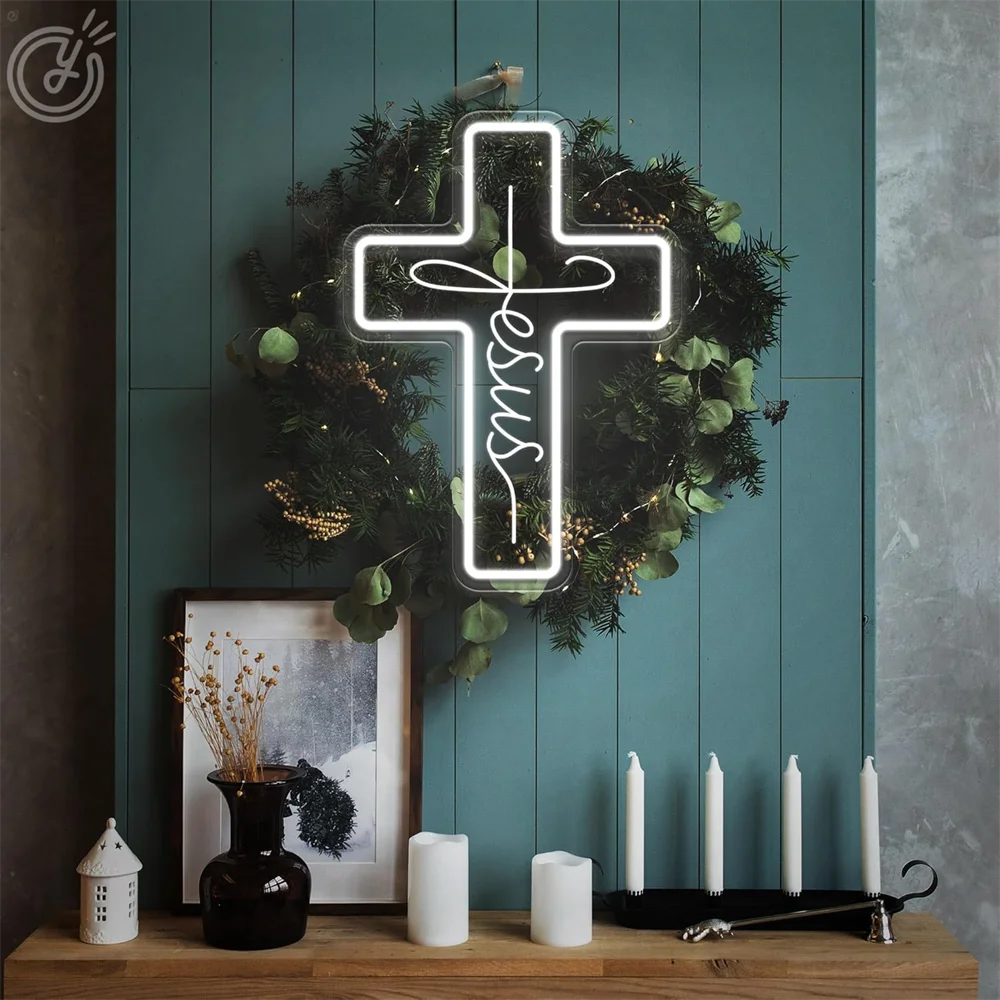 Cross Neon Sign LED Jesus Cross Wall Decor USB Powered for Bedroom Christening Baby Shower Decor Christian Symbol Neon LED Light