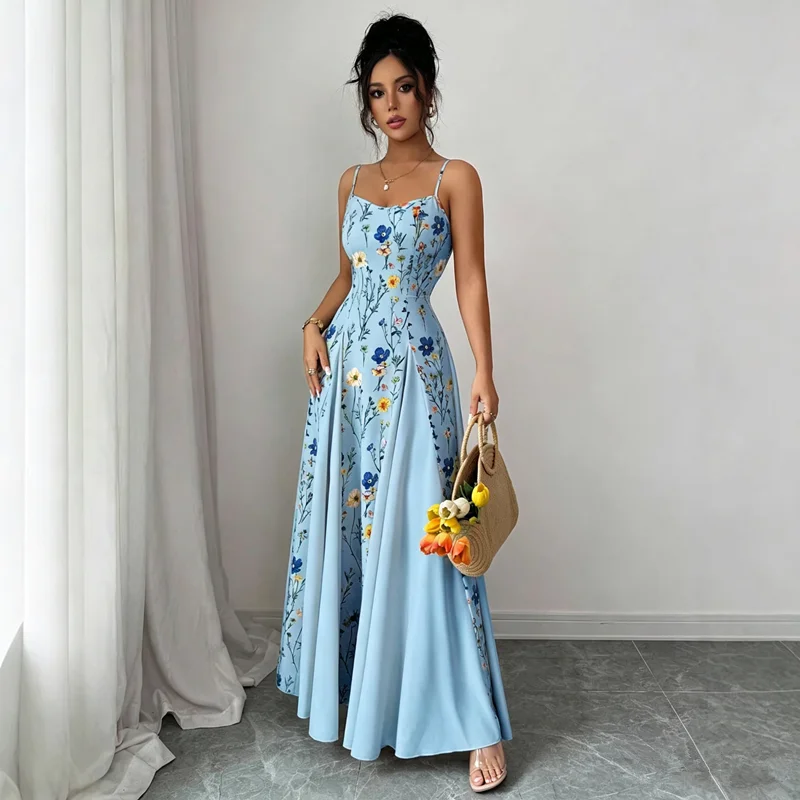 Elegantes Damen-Maxikleid mit Blumenmuster, Spaghettiträgern und Korsett, Fließendes A-Linien-Kleid für Sommer, Strand, Hochzeitsgäste und Urlaub – Detail 2