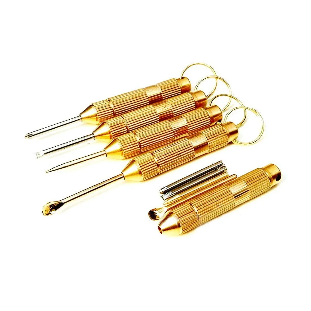 4set Household Portable 4-in-1 Multi Tool Set Copper Material Cross Screwdriver Toothpick Ear Pick Pin Key Chain