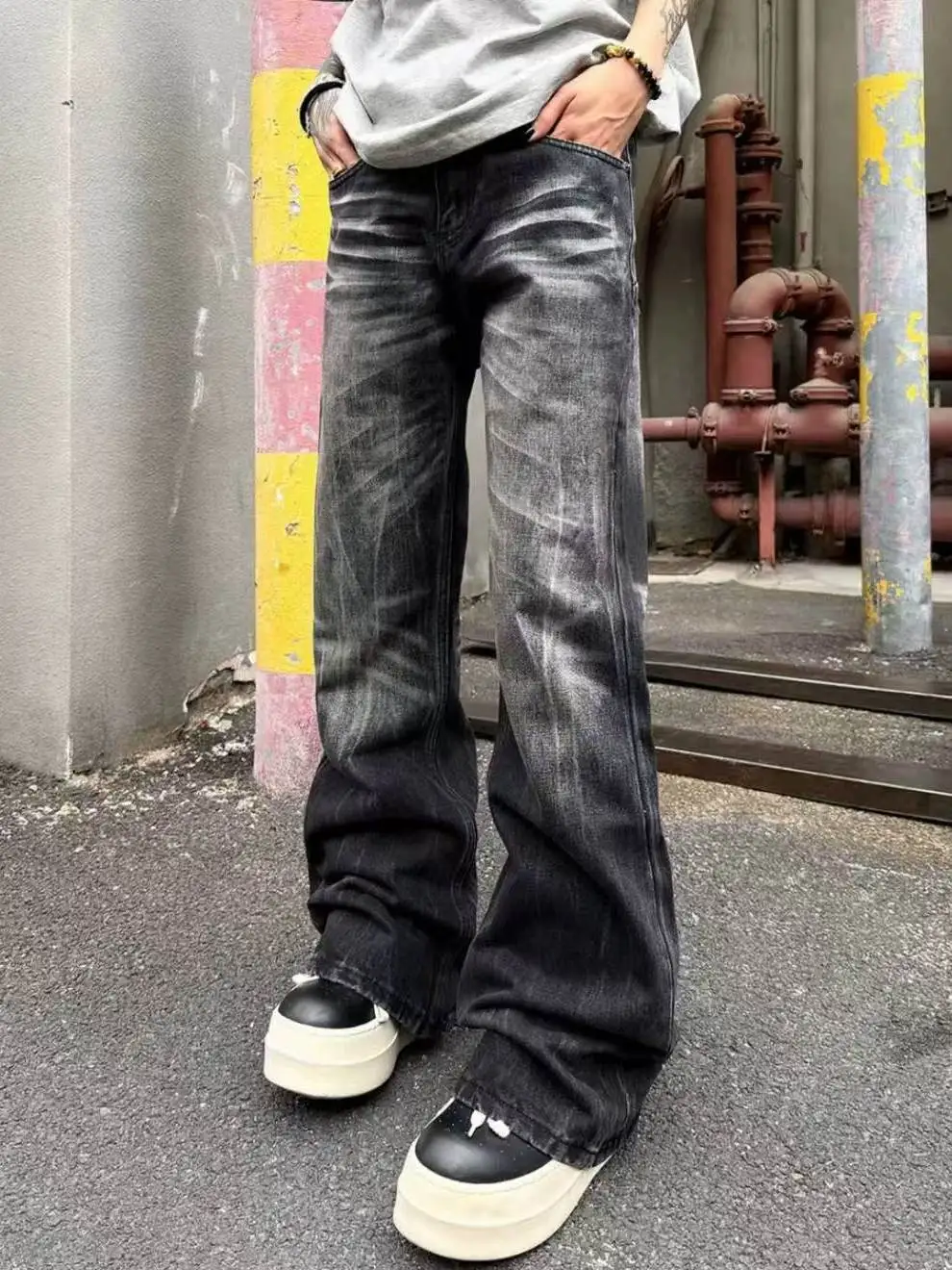 

American High Street 135 Oz Washed Jeans Men's Slim Fit Bootcut Denim Pants mid Waist Zipper Closure Summer Jeans