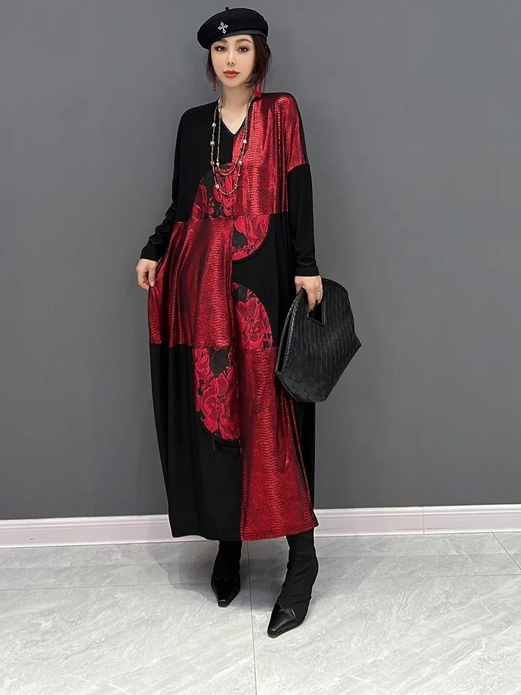 Red Women Long Sleeves V neck Dress Loose Mid-length Printing Stitching Color Leisure Dress 2024 Summer Autumn LHX2398