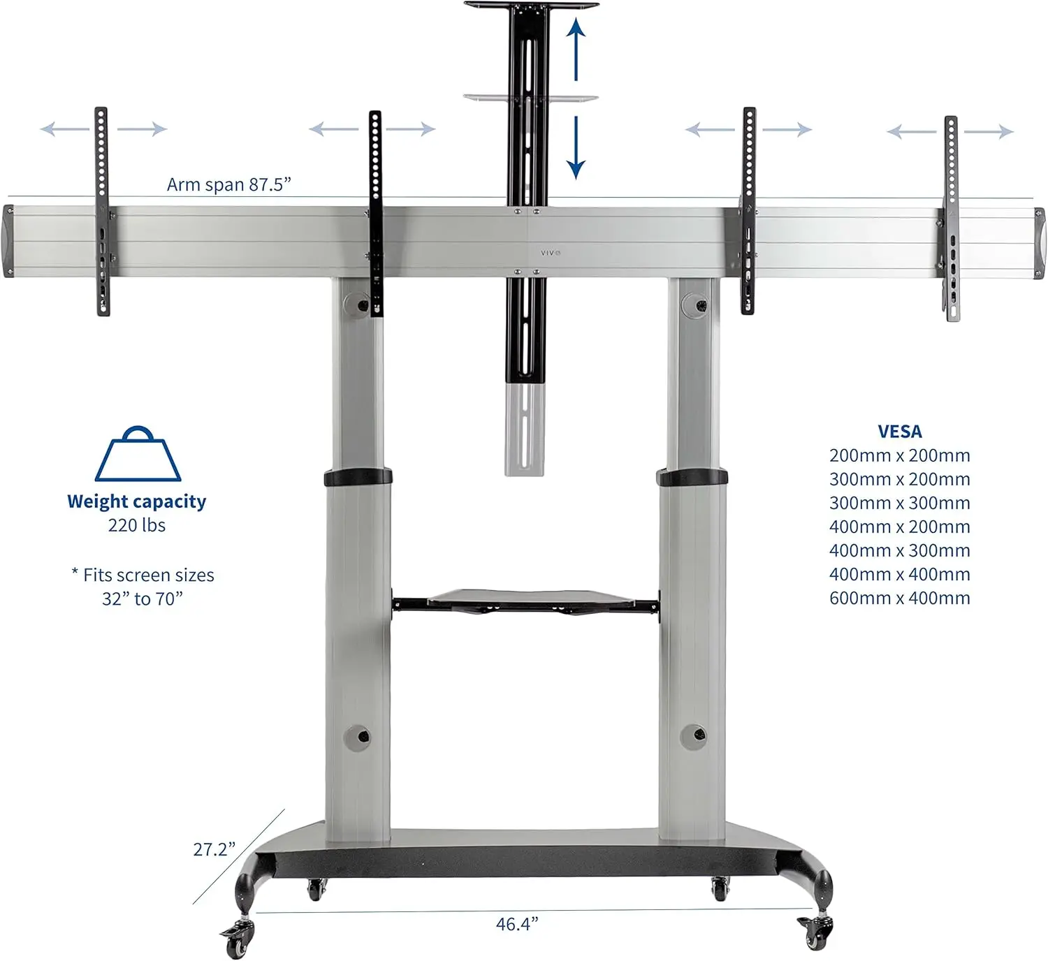 Ultra Heavy Duty Mobile TV Cart Stand for 32 To 70 Inch Dual Screens Up To 110 Lbs Each Max Curved Panels