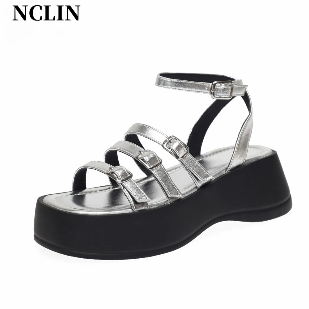 NCLIN Rome Style Genuine Leather Sandals For Women High Platforms Punk Comfort Casual Shoes Woman Buckles Club Sandals Shoes