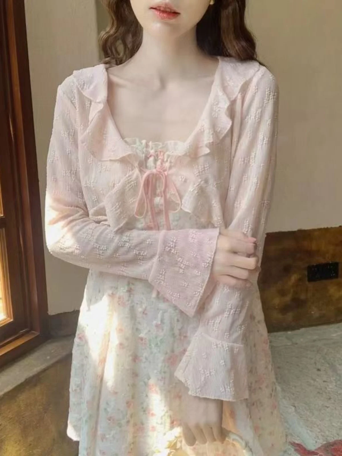 

Pink Lace ort Sve Open Cardigan Women's Summer New Sle with Sling Dr Outer awl Cover up V Ne Long Sve