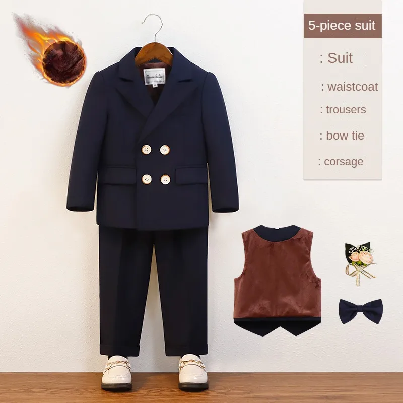 Boys Winter Suits Fleece Warm Host Performance Costume 1-12 Y Children New Year Christmas Blazers Set Gentleman Weddings Outfits