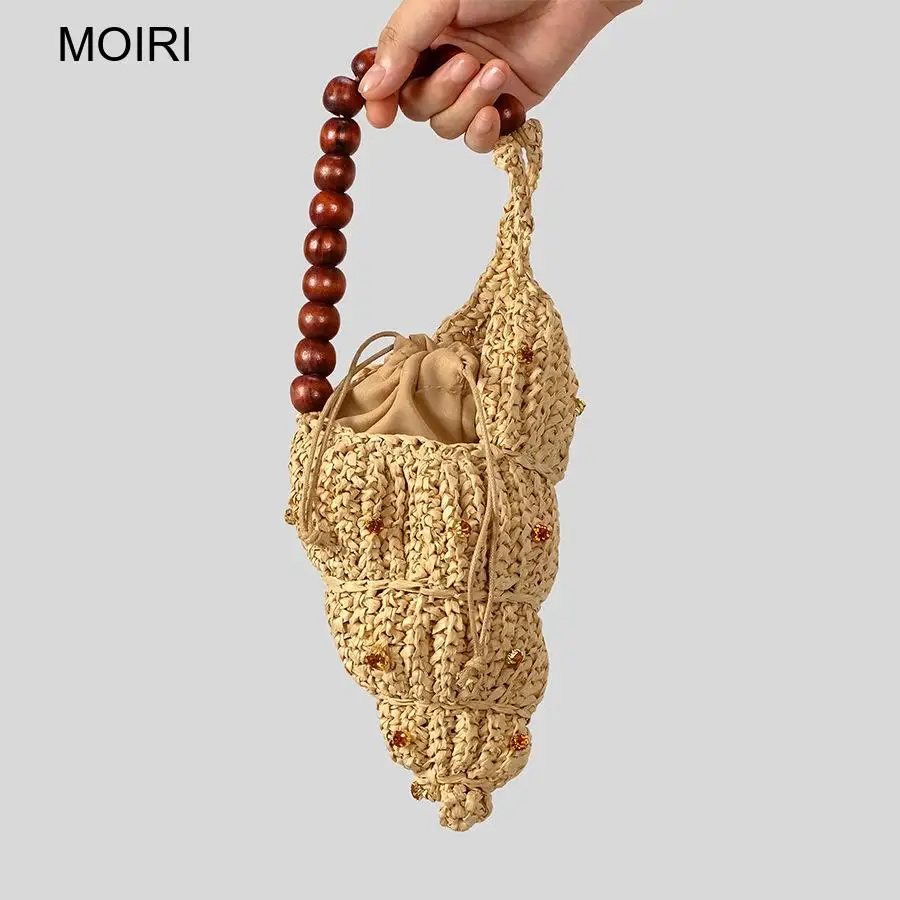 Women Beige Straw Woven Bag with Wooden Bead Handle Handmade Crochet Handbag Beach Vacation for Daily Travel Wear