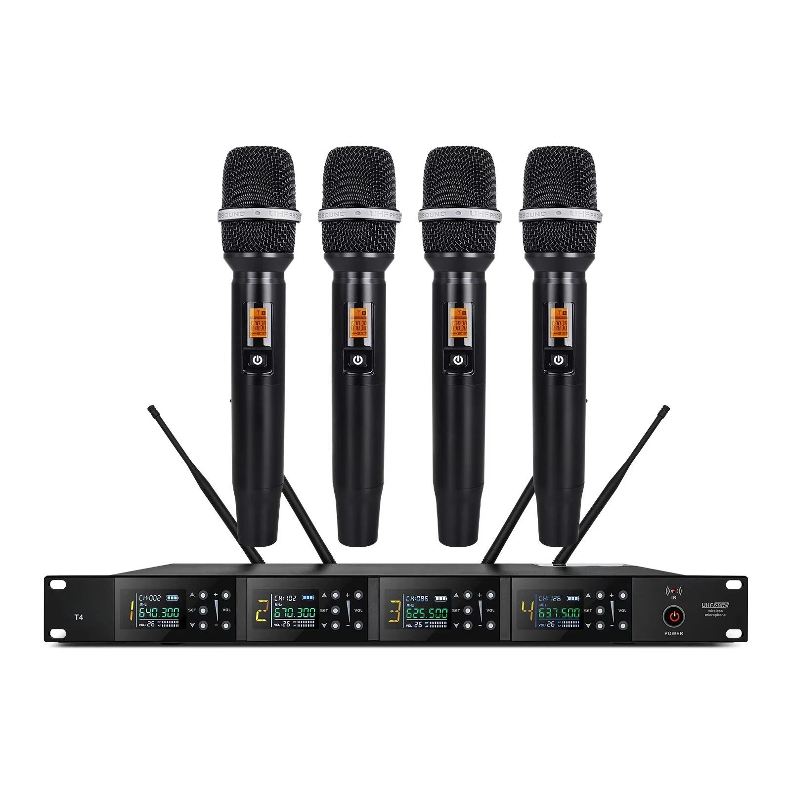 Sistema de Micrófono Inalámbrico de 4 Canales, Receptor Fijo UHF Profesional con 4 Micrófonos de Mano para Escenario, Conferencias e Iglesias