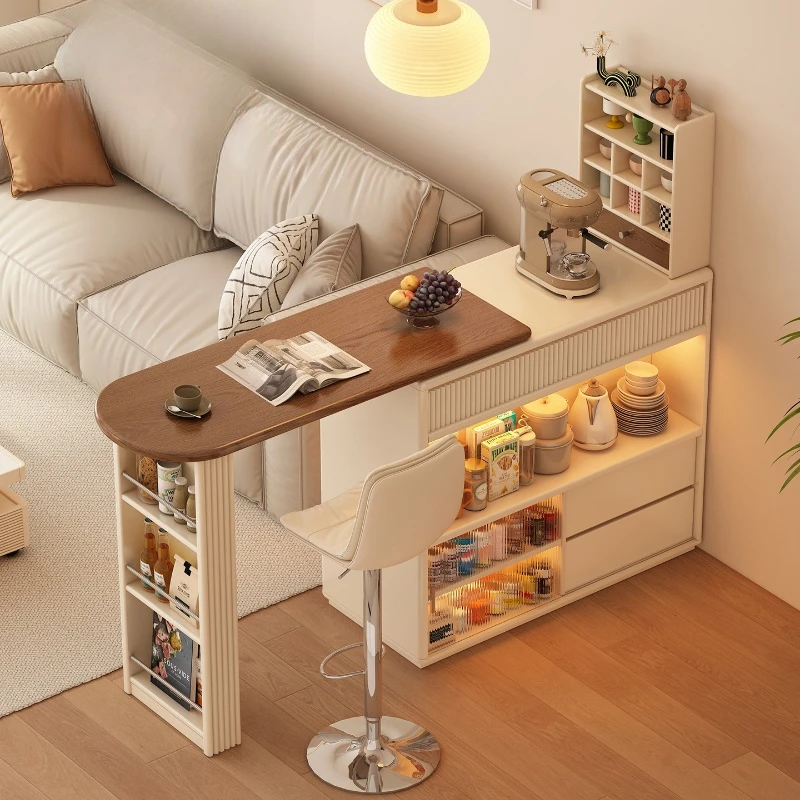 Retractable solid wood bar table household small apartment sofa side cabinet