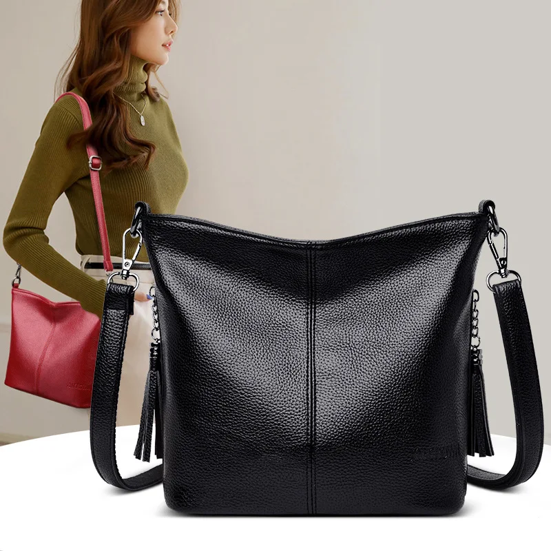 2025 New Europe And The United States Fashion Leather Tassel Shoulder Women's Bags Casual Simple Soft Leather Crossbody Handbag