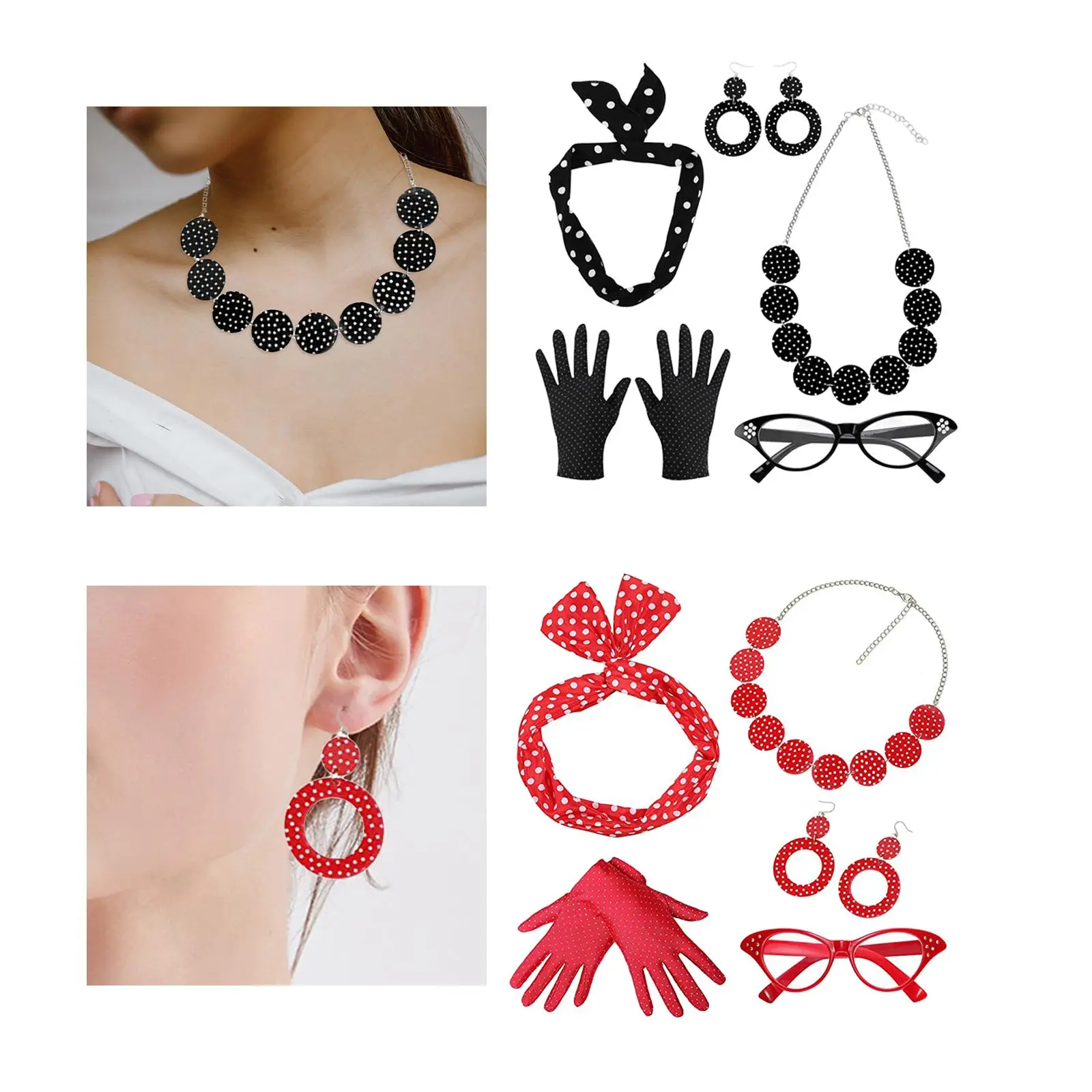 

Retro 1950S Womens Costume Set Glasses Headband Necklace Earring Polka Dot Gloves 50S for Women Cosplay Girl Fancy Dress Adult