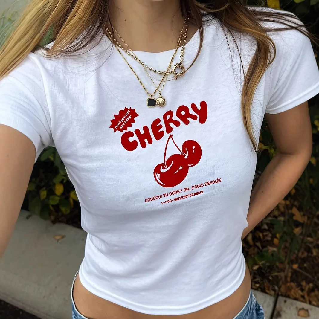 

European and American Street Y2K Fruit Print Pure Cotton Women T Shirt Fashionable Personalized Hot Girl White Half Sleeved Tops