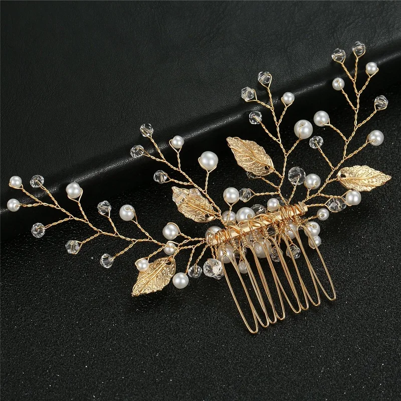 Pearl Flower Hairpin Gold Color Leaf Shaped Alloy Tiaras Wedding Bride Hair Combs Hair Jewelry Accessories Bride Headwear