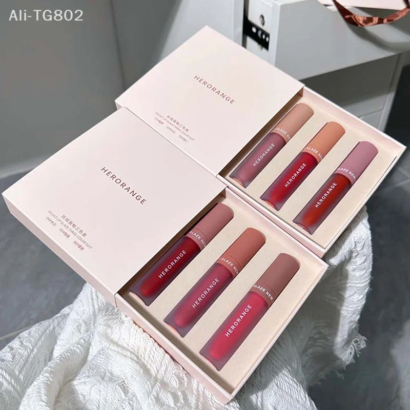 HERORANGE Set de 3 Brillos Labiales de Terciopelo, Maquillaje Labial Mate, Color Duradero, Productos de Belleza