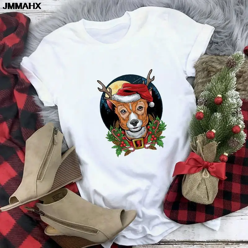 Women's Christmas Tshirt Fashion Santa Claus Printed T Shirt Women Cartoon Reindeer Funny Print Pink Top Female Clothing T-shirt